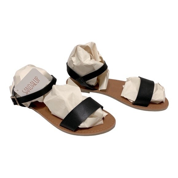 SANDALUP Women’s Soft Faux Leather Open Toe Ankle Strap Flat Sandals - Picture 2 of 8